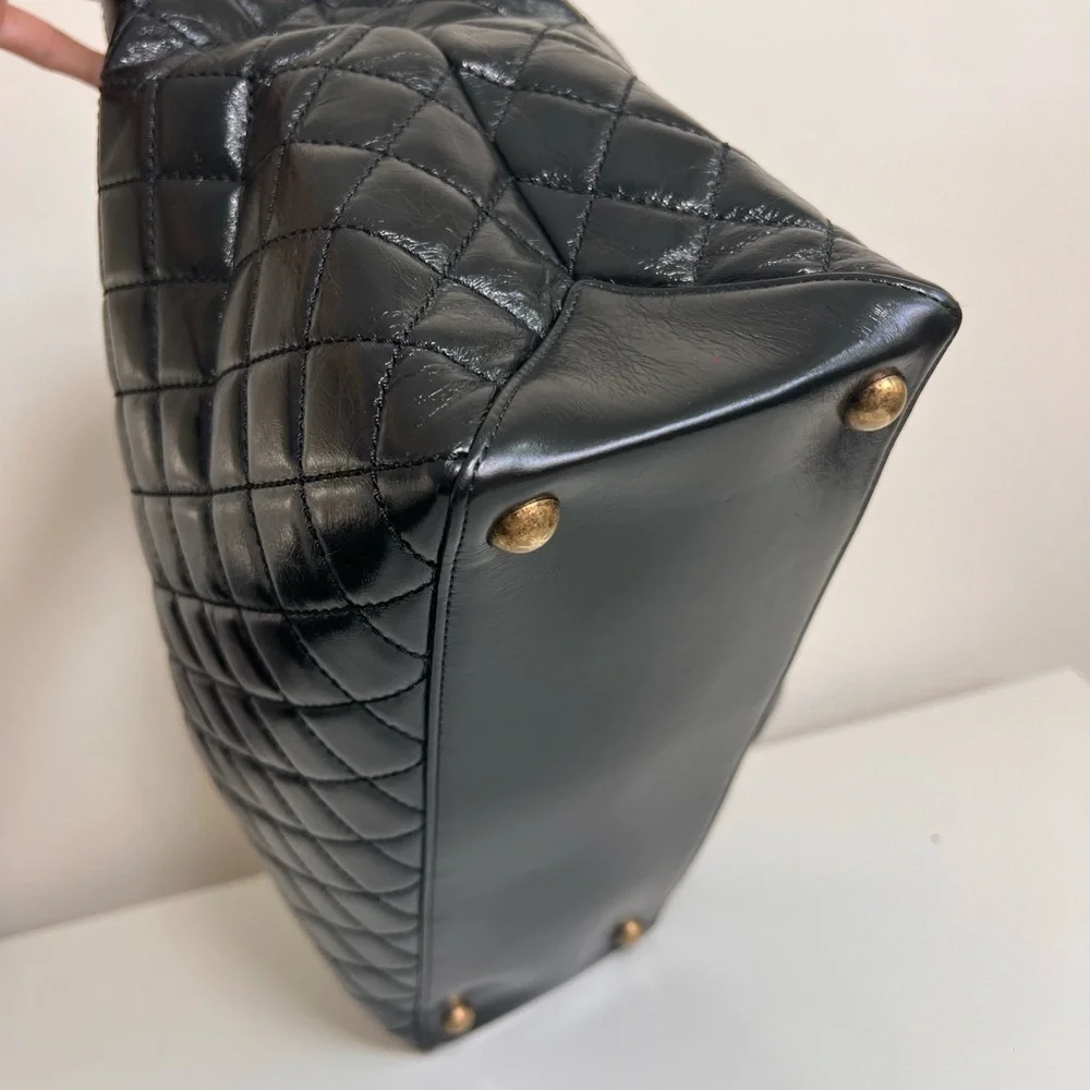 CHANEL Black Quilted Leather Laptop Tote with Gold Chain Strap